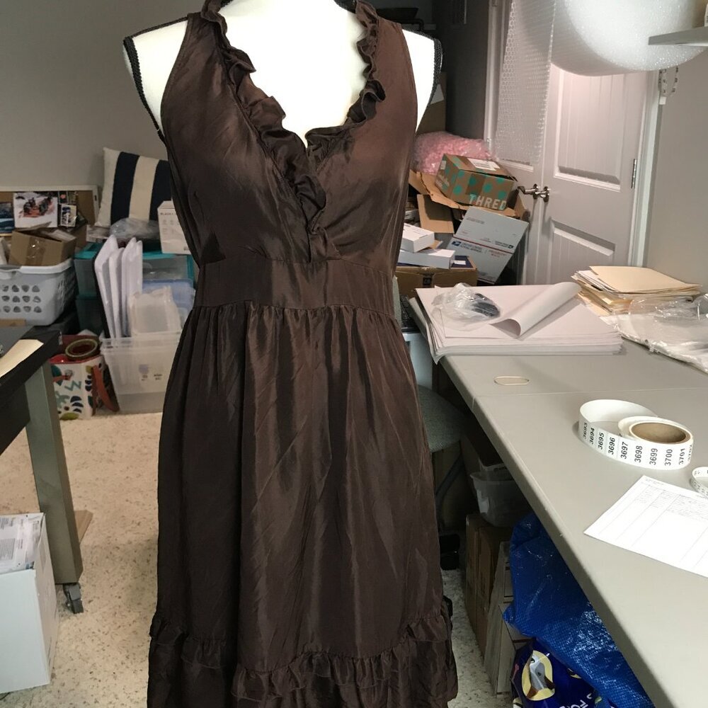 Women's Anthropologie Maeve sleeveless brown ruffled 100% silk dress Size 10